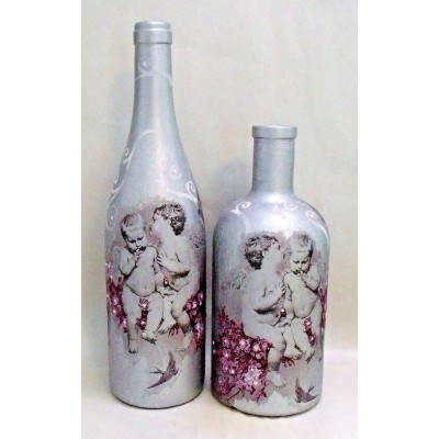 Set of 2, Upcycled Decoupage Decorative Bottles, Vintage, Cherubs, Floral, Birds   183333931186